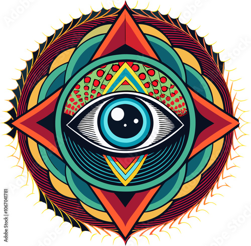 A captivating and intricate illustration of an all-seeing eye surrounded by geometric patterns and vibrant colors. This mystical design symbolizes knowledge, wisdom, and enlightenment.