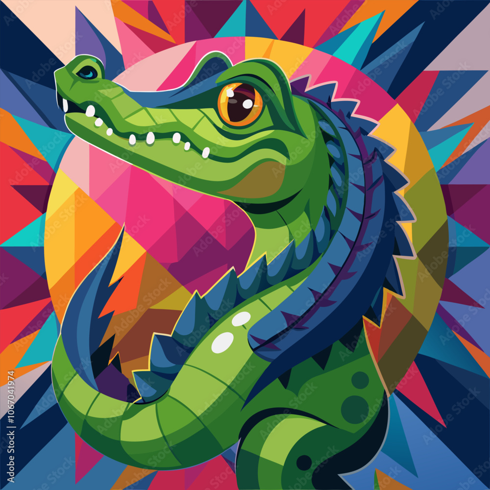 Obraz premium A vibrant and playful illustration of a crocodile, showcasing its unique features and playful personality. The bold geometric background adds a modern and dynamic feel to this captivating image.