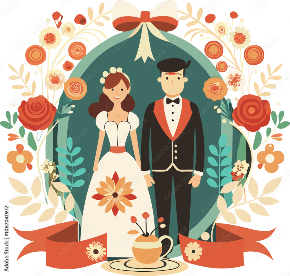 A charming illustration of a bride and groom, surrounded by a whimsical floral wreath and a festive red ribbon. This happy couple is perfect for wedding invitations, save-the-dates, or any of love. A charming illustration of a bride and groom, surrounded by a whimsical floral wreath and a festive red ribbon. This happy couple is perfect for wedding invitations, save-the-dates, or any of love.
