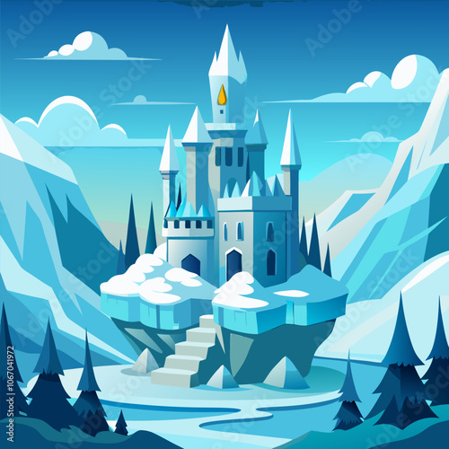 A majestic ice castle stands tall on a snowy cliff, overlooking a frozen landscape. The castle's intricate details and icy facade evoke a sense of wonder and magic, perfect for fantasy and projects.