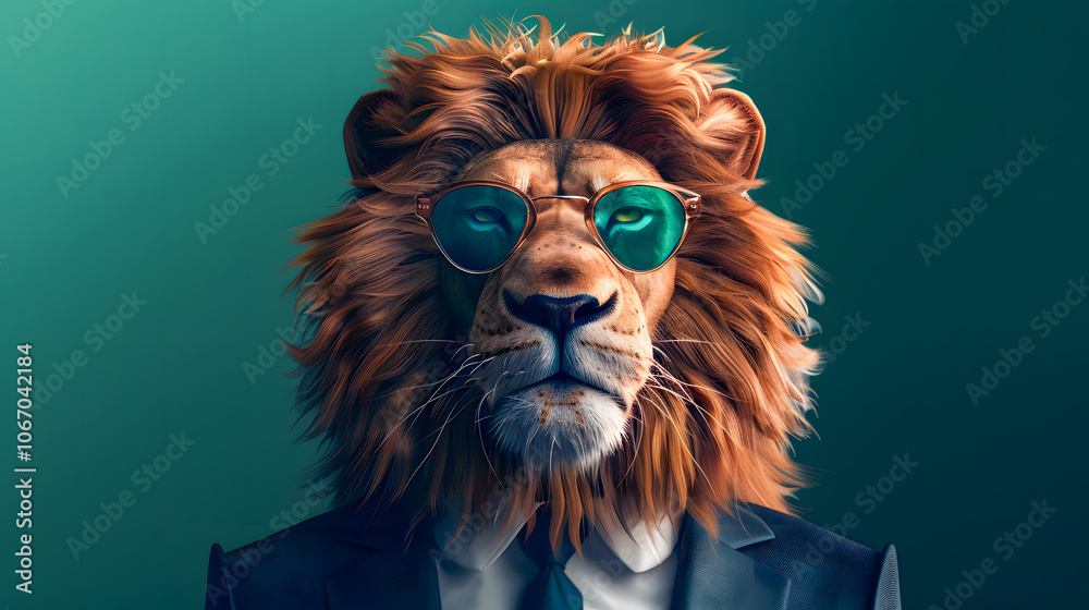 Naklejka premium Portrait of a lion wearing sunglasses, dressed in a suit and tie
