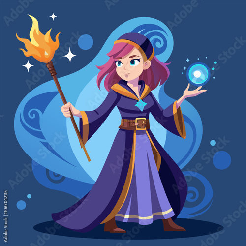 A charming illustration of a young female mage, wielding a fiery staff and conjuring a blue orb. Perfect for fantasy games, RPGs, or any project with a magical theme.