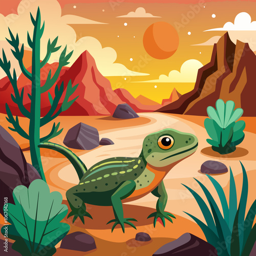 A vibrant illustration of a lizard basking in the desert sunset. The warm colors and intricate details capture the beauty of this arid landscape.