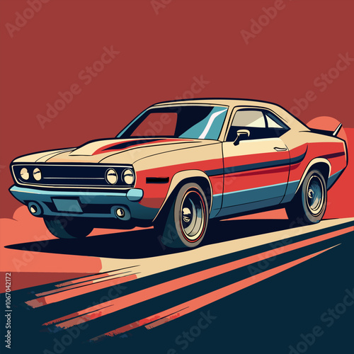 A classic American muscle car, rendered in a retro style,  with a bold red and white color scheme, ideal for posters, t-shirt designs, and any project that needs a touch of vintage cool.