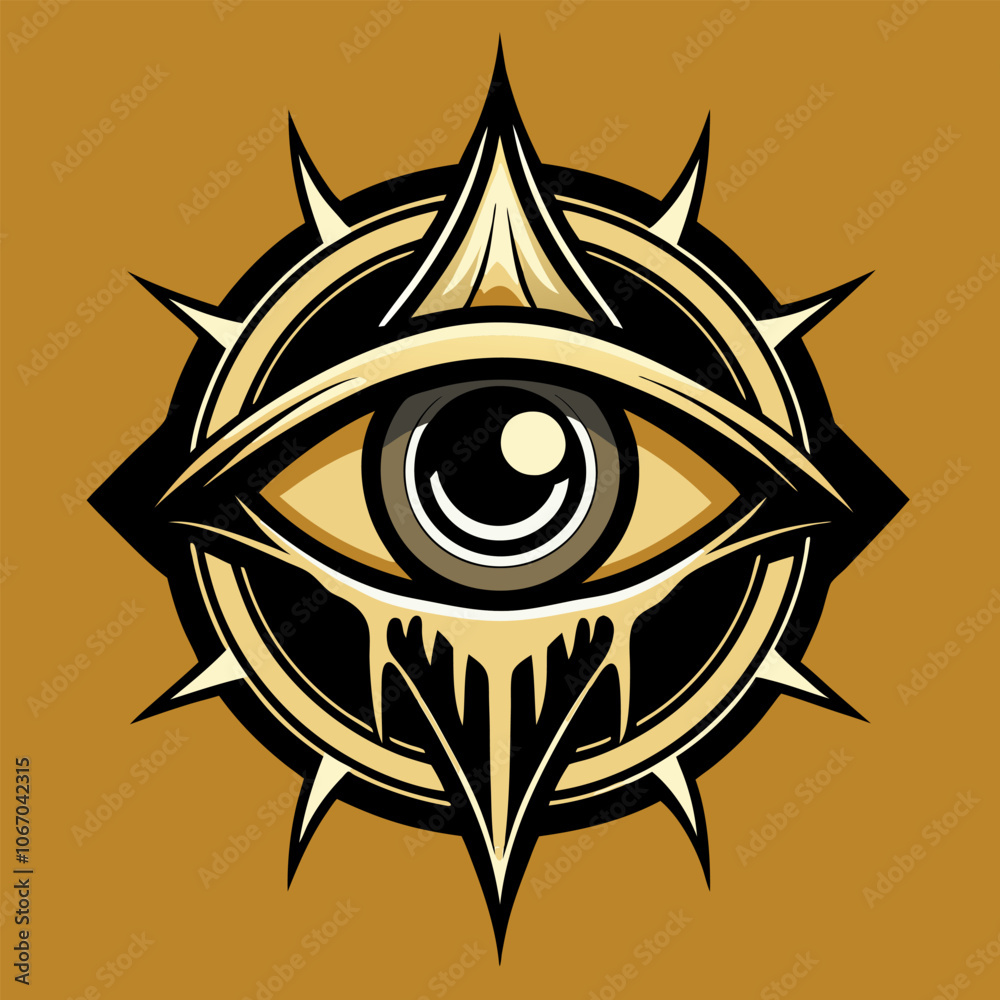 A powerful and enigmatic eye symbol, framed by a ring of sharp points, evokes mystery and vigilance. This illustration is perfect for designs that need a touch of the mystical.