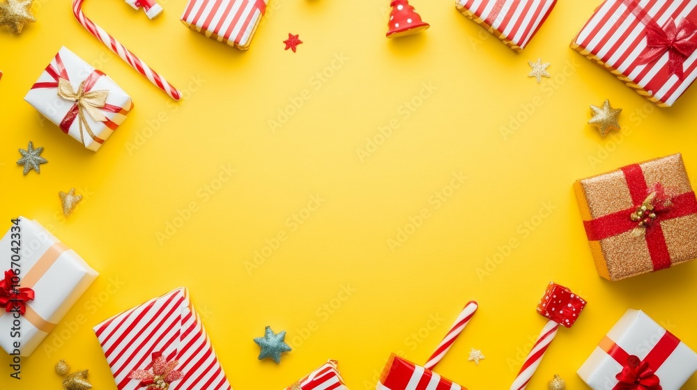 Obraz premium Colorful presents arranged in circle on bright yellow background.