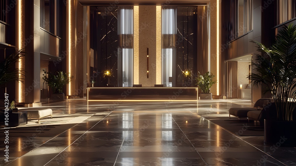 A Super Realistic 3D Hotel Lobby with Clean Lines and Luxurious Materials A Super Realistic 3D Hotel Lobby with Clean Lines and Luxurious Materials