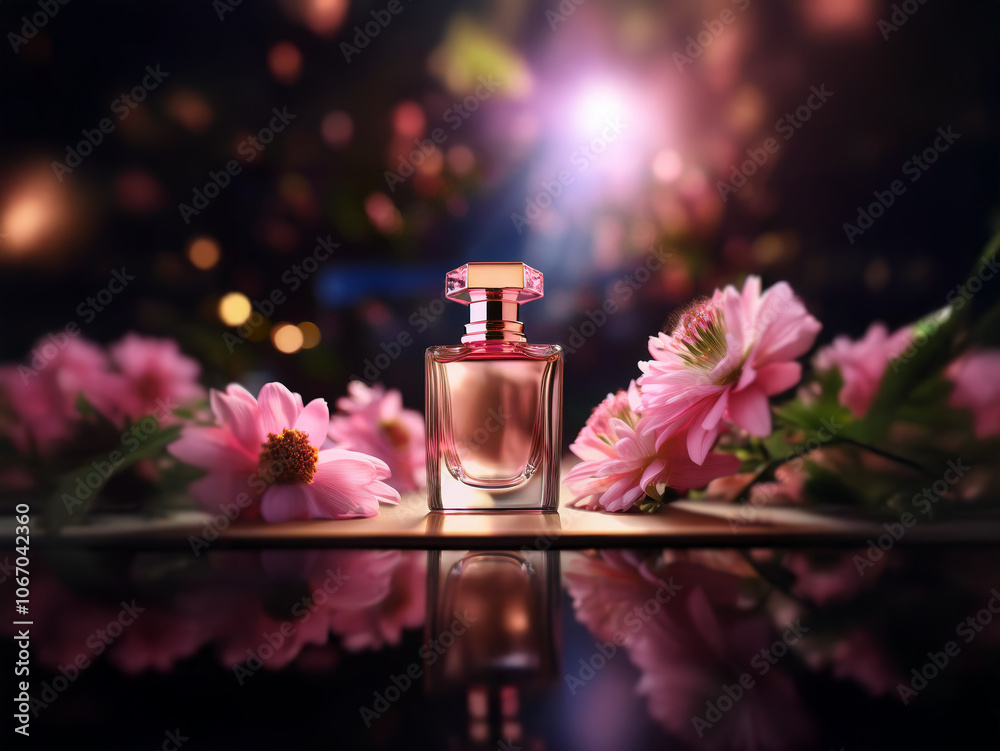 A glass bottle of perfume sits on a table surrounded by pink flowers, illuminated by warm lighting.