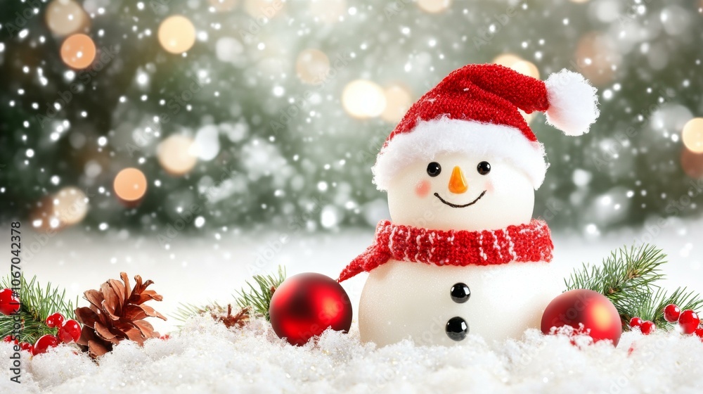 Snowman with red scarf, hat on snowy background, winter scene. Snowman with red scarf, hat on snowy background, winter scene.
