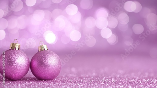 Two pink Christmas balls on purple background, festive holiday theme.