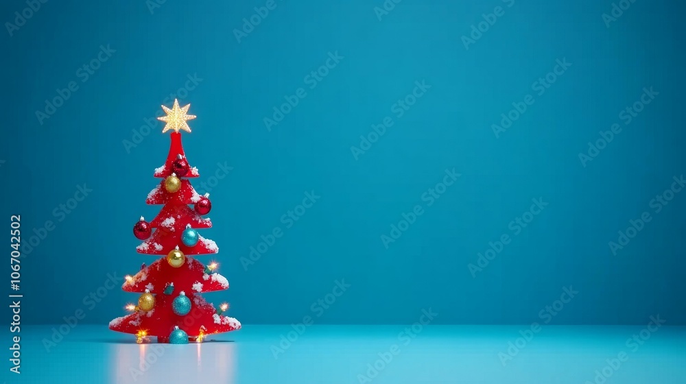 Red Christmas tree adorned with gold stars, festive holiday decor.