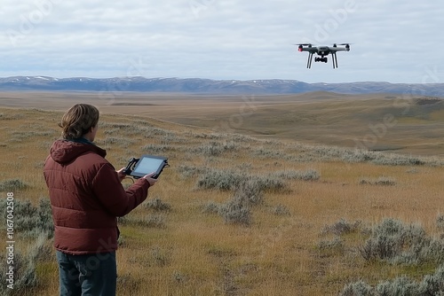 A person controlling a drone while standing in an open field. photo