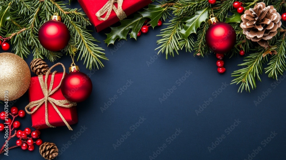 Festive Christmas decorations sparkle on deep blue background. Festive Christmas decorations sparkle on deep blue background.