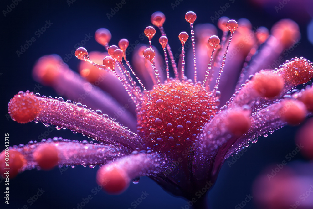 Fototapeta premium Red dots standing out on a background of purple radiating lines, captured in an abstract macro shot,