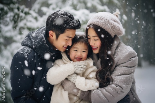 Asian family snow portrait outdoors.