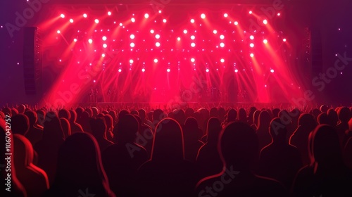 Silhouettes of concert crowd against a backdrop of vibrant red stage lights perfect for music event promotions