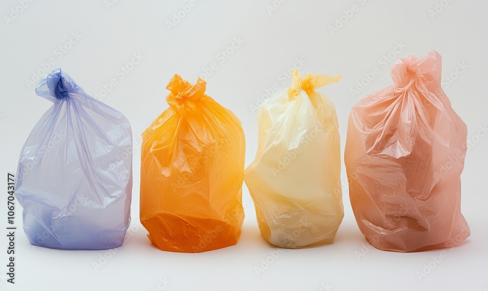 Four plastic bags of different colors, one of which is orange Four plastic bags of different colors, one of which is orange