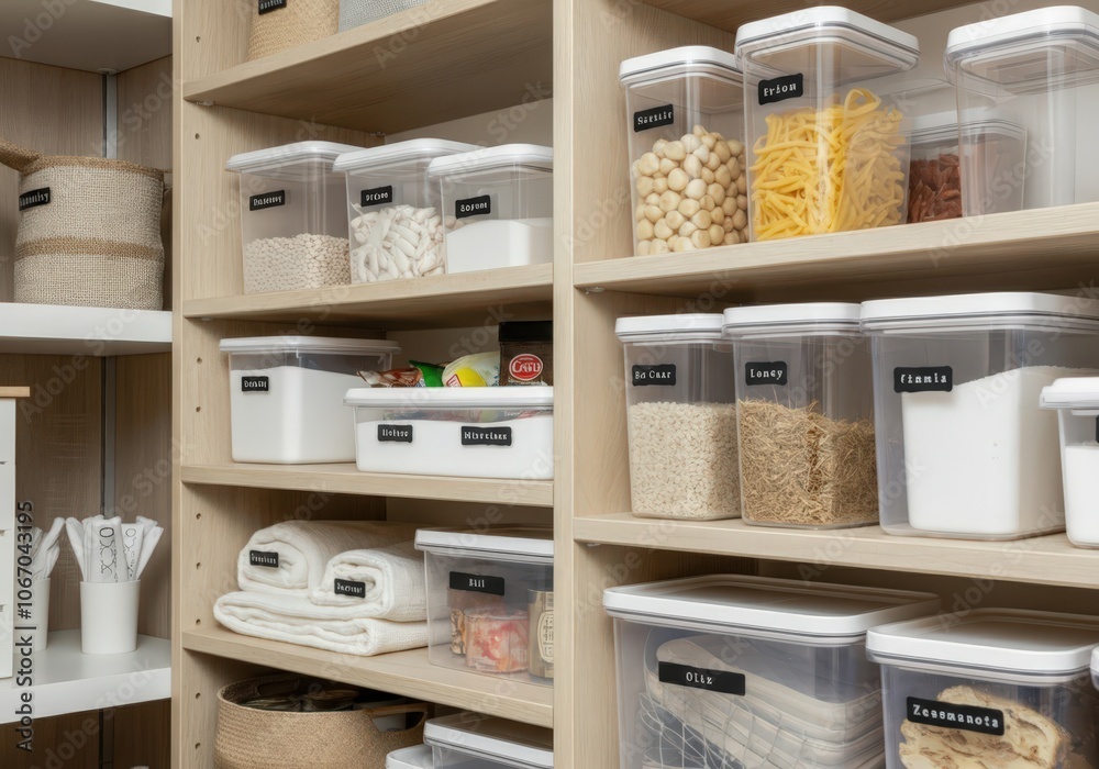 Various food items stored in clear, labeled containers on shelves, promoting an efficient and organized pantry Various food items stored in clear, labeled containers on shelves, promoting an efficient and organized pantry