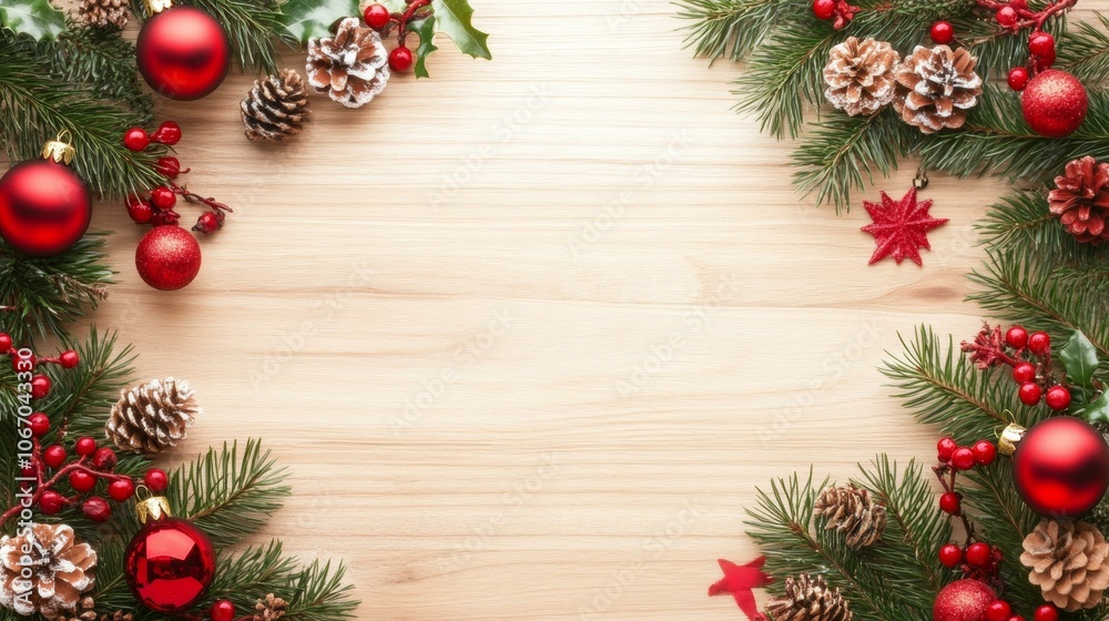 Obraz premium Festive Christmas decorations on rustic wooden background, red accents.