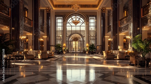 A Super Realistic 3D Hotel Lobby with Grand Architecture and Elegant Decor