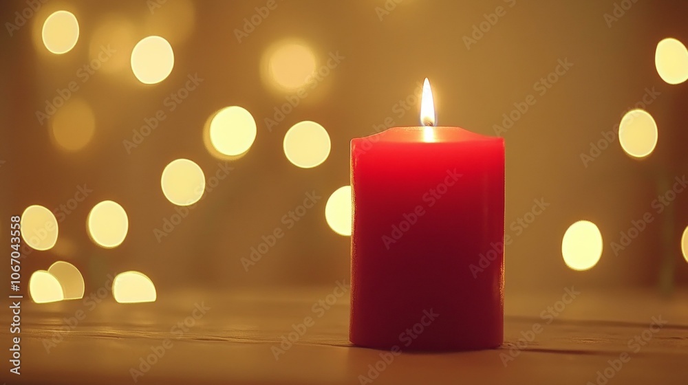 Red candle glowing with blurred festive lights in warm background. Red candle glowing with blurred festive lights in warm background.