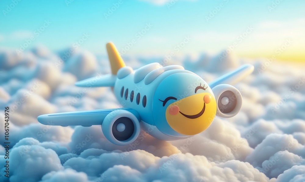 Naklejka premium 3D cartoon airplane flying through the clouds with a happy face on the cockpit window, travel and fun
