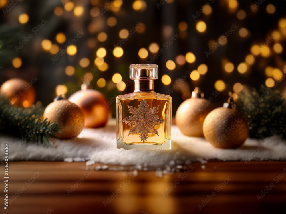 A bottle of perfume with a snowflake design sits on a wooden table surrounded by festive ornaments and snow. A bottle of perfume with a snowflake design sits on a wooden table surrounded by festive ornaments and snow.