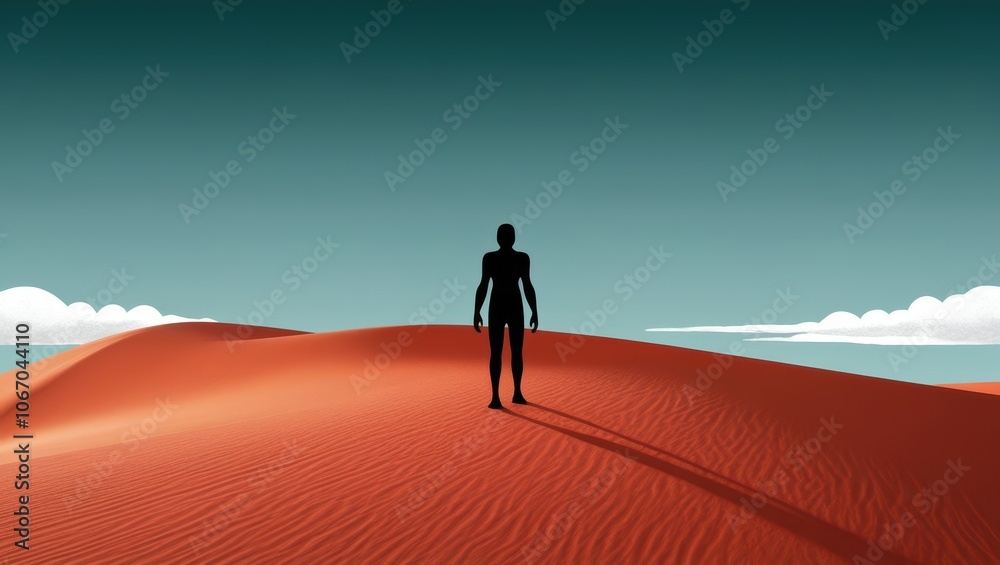 Humanoid Robot Standing in Desert Landscape with Red Sand and Warm Sky Humanoid Robot Standing in Desert Landscape with Red Sand and Warm Sky