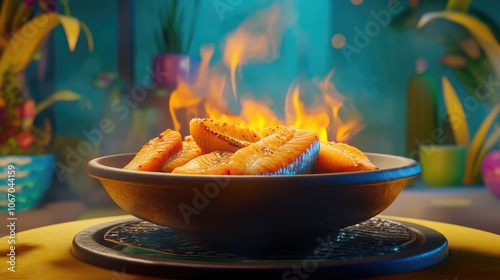 Close up of succulent fish fillet pieces arranged on a bowl shaped grill with a central fire hole ideal for gourmet cooking photo