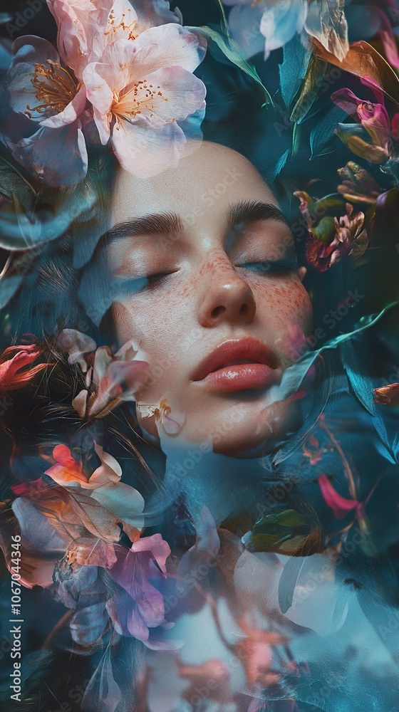 Dreamy Portrait of a Woman with Floral Overlay Dreamy Portrait of a Woman with Floral Overlay