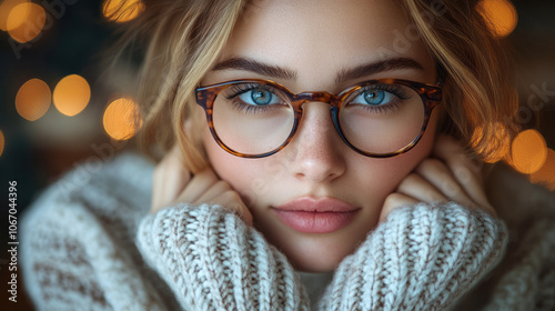 A close-up of a woman in a white sweater, adjusting her festive glasses with warm holiday lights in the background,