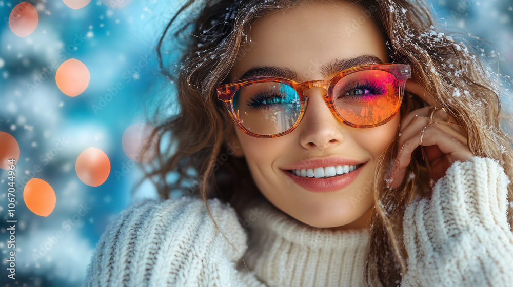 A joyful woman in a white sweater, adjusting her colorful holiday glasses, with a holiday-themed background, A joyful woman in a white sweater, adjusting her colorful holiday glasses, with a holiday-themed background,