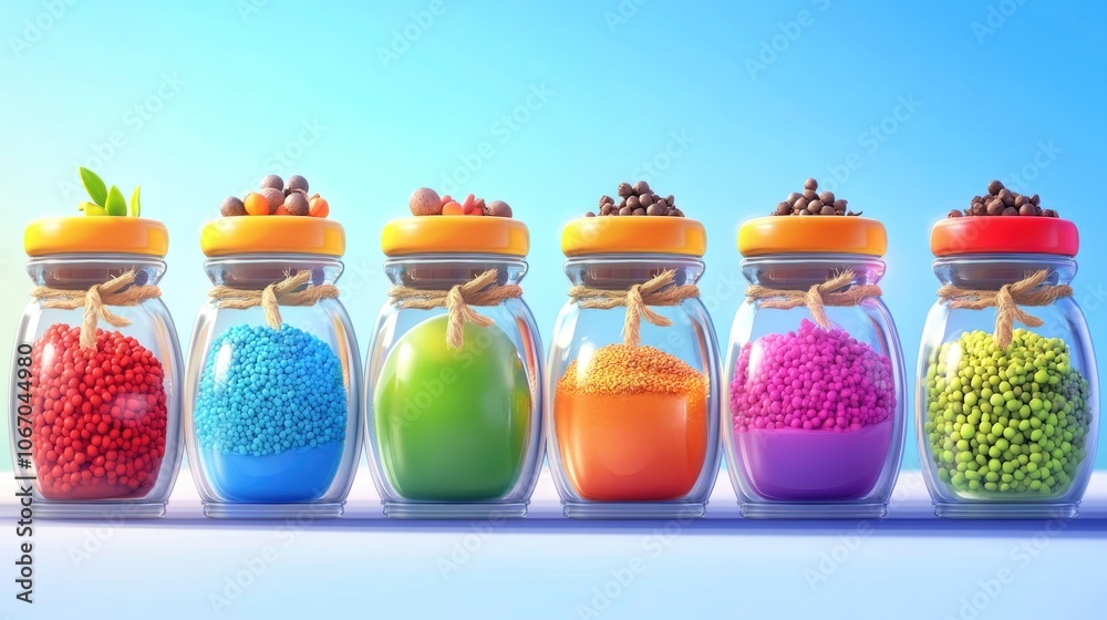 Colorful glass jars filled with a variety of spices and peppercorns perfect for culinary decoration and organization Colorful glass jars filled with a variety of spices and peppercorns perfect for culinary decoration and organization