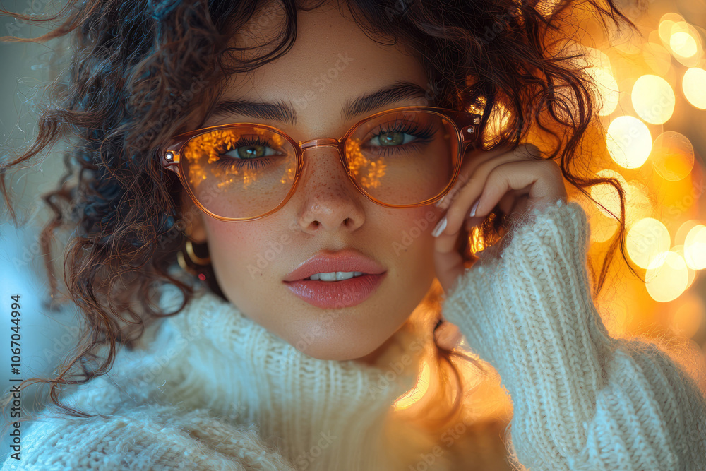 Fototapeta premium A woman in a white sweater, adjusting her holiday glasses with a bright smile, capturing the festive spirit,
