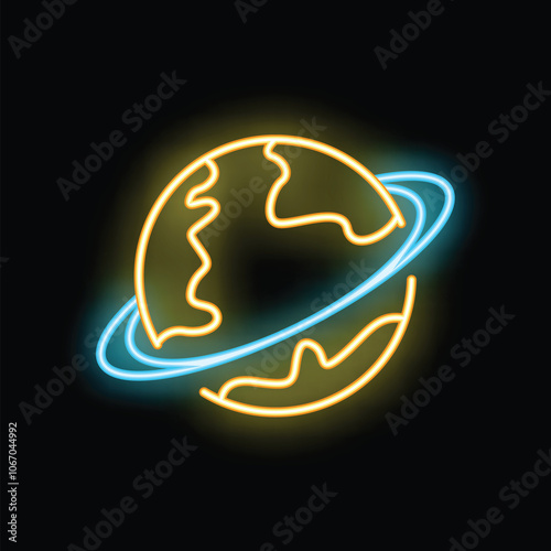 Neon sign illustrating planet earth with orbiting rings, symbolizing global communication and space exploration