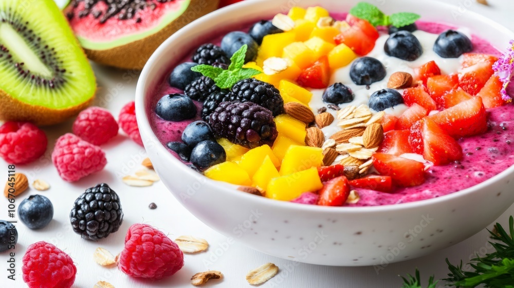 A close-up of a smoothie bowl filled with vibrant fruits and nuts, representing nutritious eating and a healthy lifestyle. A close-up of a smoothie bowl filled with vibrant fruits and nuts, representing nutritious eating and a healthy lifestyle.