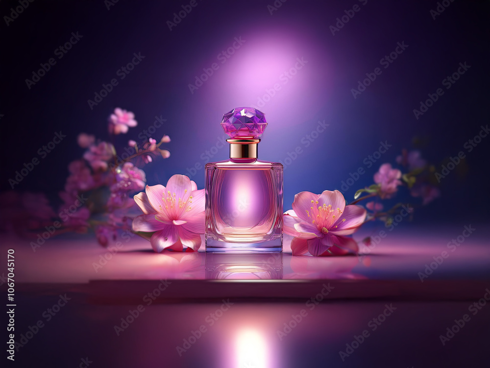 A glass bottle of perfume with a pink and gold cap sits on a pink surface surrounded by pink blossoms. A glass bottle of perfume with a pink and gold cap sits on a pink surface surrounded by pink blossoms.