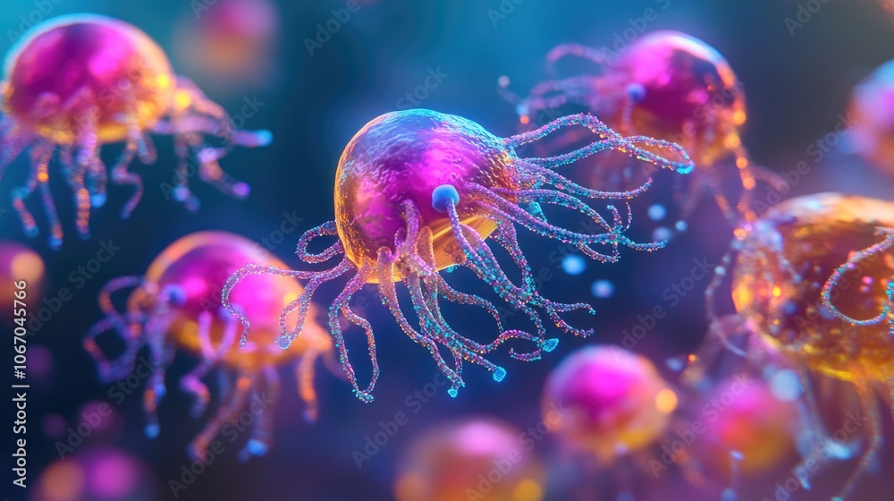 Obraz premium Live marine dinoflagellates displayed in selective focus showcasing their unique cellular structures and vibrant colors