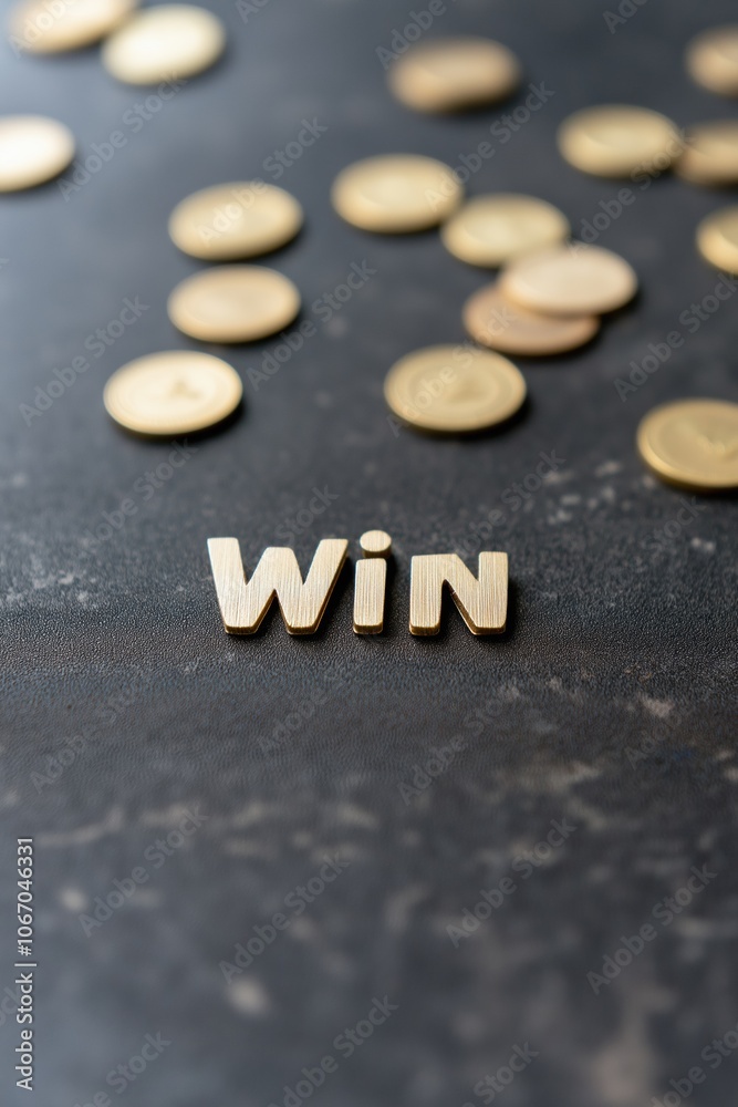 Fototapeta premium A pile of gold coins is on a black surface with the word WIN written in gold letters. Concept of winning and the importance of achieving success