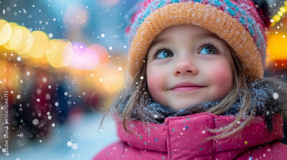 Little girl in pink coat and hat, smiling outdoors in winter scene. Little girl in pink coat and hat, smiling outdoors in winter scene.