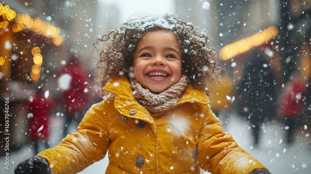 Little girl in yellow coat smiling while playing in fresh snow. Little girl in yellow coat smiling while playing in fresh snow.