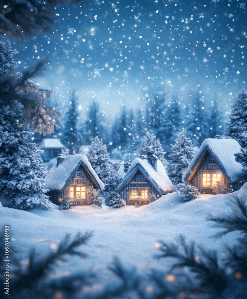 Snowy cabin scene with pine trees, warm lights, winter wonderland. Snowy cabin scene with pine trees, warm lights, winter wonderland.