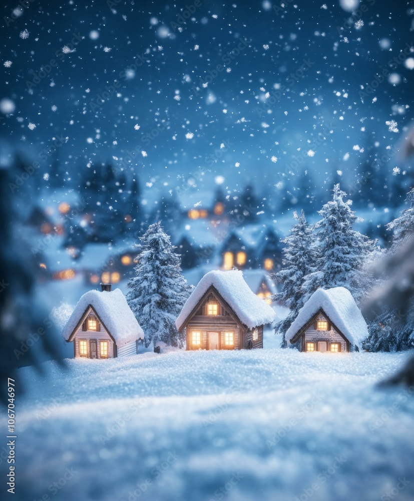 Cozy snow-covered house with glowing window, winter night scene. Cozy snow-covered house with glowing window, winter night scene.