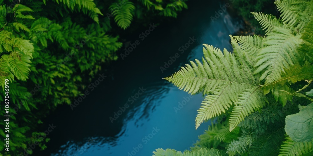 A leafy green plant is growing next to a body of water. The water is blue and the plant is lush and green A leafy green plant is growing next to a body of water. The water is blue and the plant is lush and green