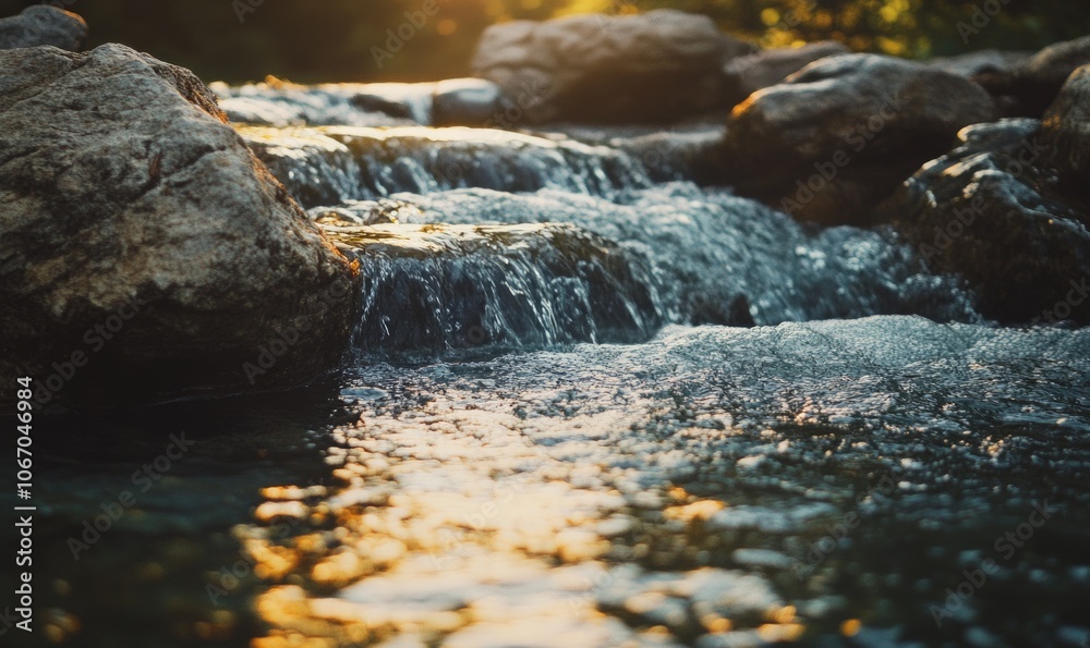 Flowing water creates intricate patterns over smooth rocks in a serene natural setting illuminated by soft sunlight during the day Flowing water creates intricate patterns over smooth rocks in a serene natural setting illuminated by soft sunlight during the day