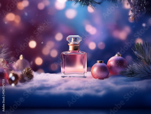 A bottle of perfume sits on a snowy surface with Christmas ornaments and pine branches in the background. The scene is lit by warm and cool bokeh lights. photo