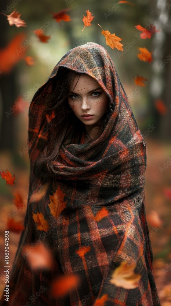 Cozy woman wrapped in blanket amidst fallen autumn leaves. Cozy woman wrapped in blanket amidst fallen autumn leaves.