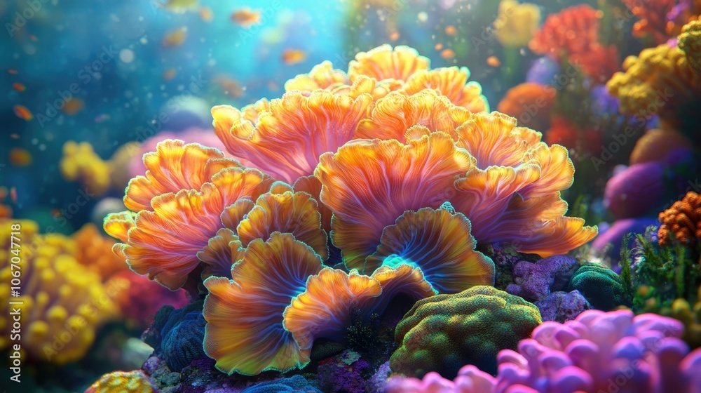Obraz premium Ricordea coral polyps in a vibrant saltwater aquarium setting showcasing the beauty of Flower Mushroom Corals with selective focus