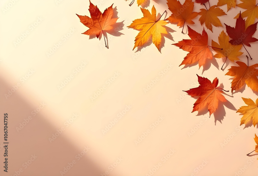 Fototapeta premium Autumn leaves in vibrant orange and yellow hues scattered on light background create warm, inviting atmosphere. Perfect for seasonal themes and nature inspired designs