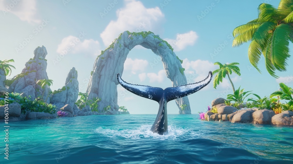 Fototapeta premium Majestic humpback whale tail emerging from an ocean arch captured during its migratory journey to join the sea